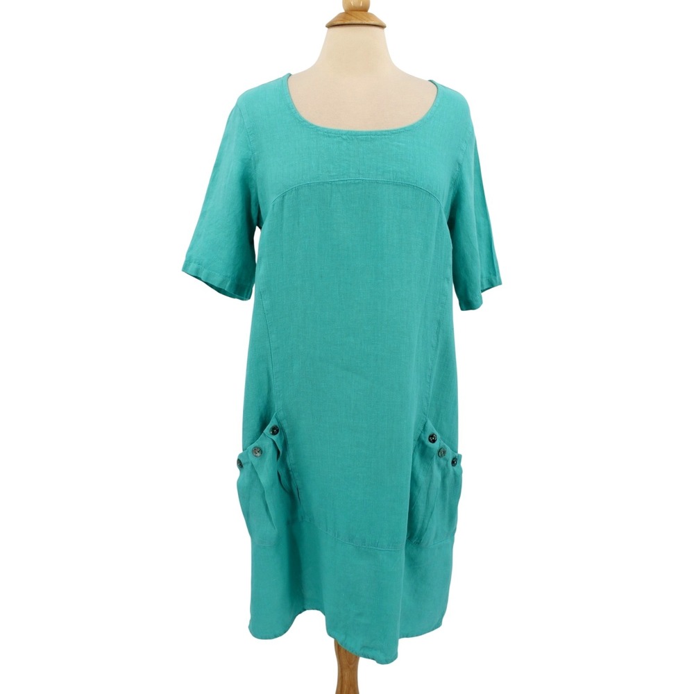 CLICK By Color Me Cotton turquoise‎ Linen Dress Medium Lagenlook Vintage